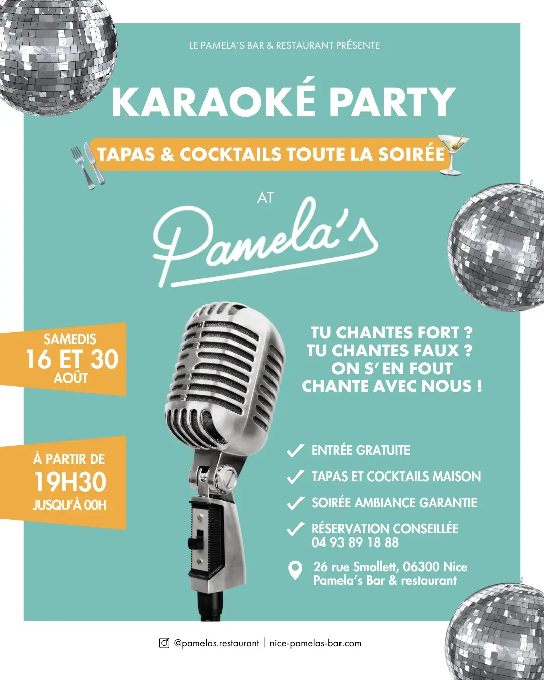 Venez chanter au Pamela’s Bar à Nice les 16 et 30 août dès 19h30 ! Entrée gratuite, tapas, cocktails maison et ambiance garantie toute la soirée.
